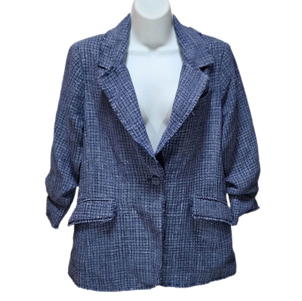 Wit & Wisdom 3/4 Ruched Sleeve Tweed Blazer Jacket Single Button Indigo S